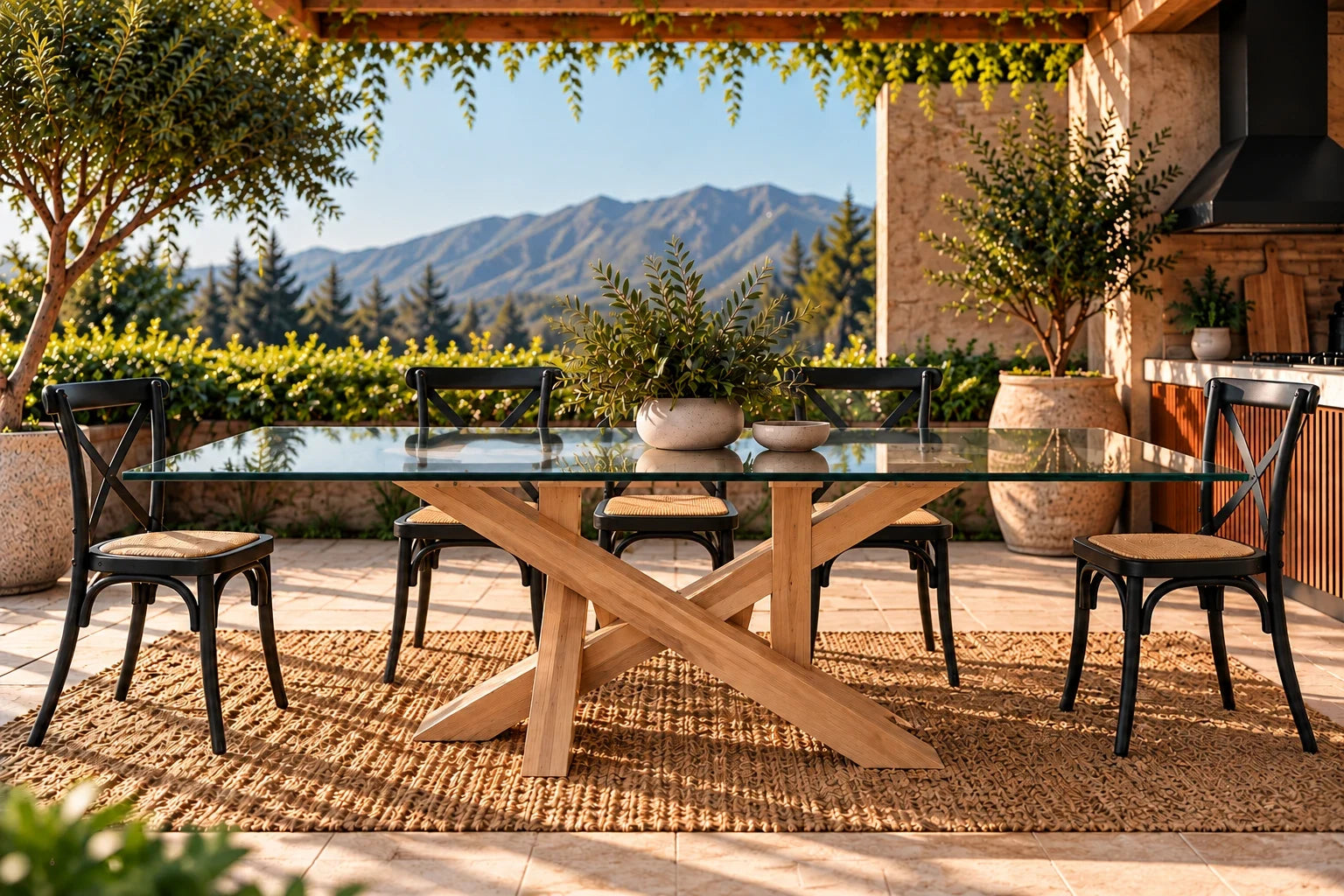 Comedor de terraza Da Vinci con cubierta de vidrio, base de lenga y 8 sillas Cruzeta negras – imagen referencial